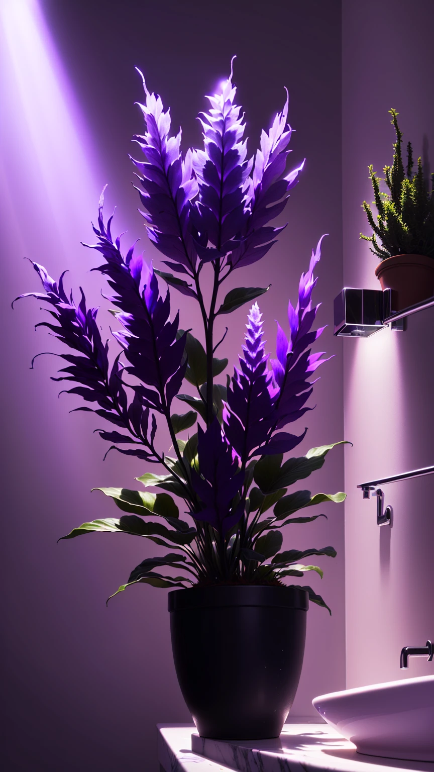 purple light shining on a bathroom sink with a plant in a pot, glowing purple, Purple glow, purple - tinted, dark purple lighting, purple volumetric lighting, soft Purple glow, purple theme, purple lighting, purple hue, Violet Ambient Light, A little purple, purple aesthetic, purple lighting, purple light, purple accent lighting, purple lighting сцены, cool purple lighting