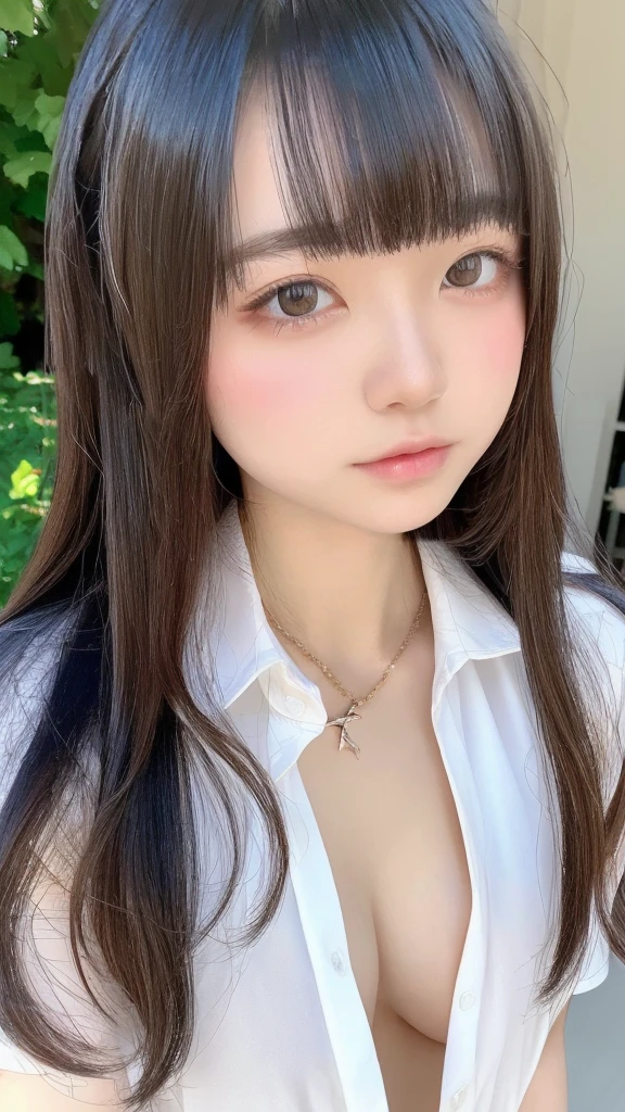 absurdres, (masterpiece, best quality), (ultra-detailed), extremely detailed,super high resolution, (Top Quality photorealistic Illustration), (Super Definition), (best quality,masterpiece:1.0),(cute illustration:1.3), (high Saturation:1.2), highres, ultra-detailed, 32k,8k resolution, intricate details, cinematic scene, detailed background, Soar (High chroma),(Sparkling),bathroom, depth background, in the beautiful campus, infront of school, garden, blue sky, windy, rim light, sunlight, beautiful lighting, strong light,BREAK (1 girl) (kawaii:1.6), (cute:1.6), Beautiful and delicate eyes, Delicate and beautiful face, Facial accents, Perfect figure,(open shirt:1.6), (show off nipples:1.6), (exposing bare breasts:1.3), (exposed chest:1.3), (small breasts:1.3), (small areolas:1.4), Uniforms、bright expression、short bowl cut、Young shiny shiny white shiny skin、Best Looks、Natural black hair with dazzling highlights、shiny light hair,、short hair, silky straight hair、Beautiful bangs that shine、Double eyelids、eye liner、Glowing crystal clear attractive big brown eyes、Very beautiful nice cute 14 year old Nordic girl、