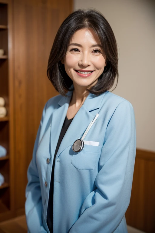 A smiling woman in her 50s wearing a doctor's gown