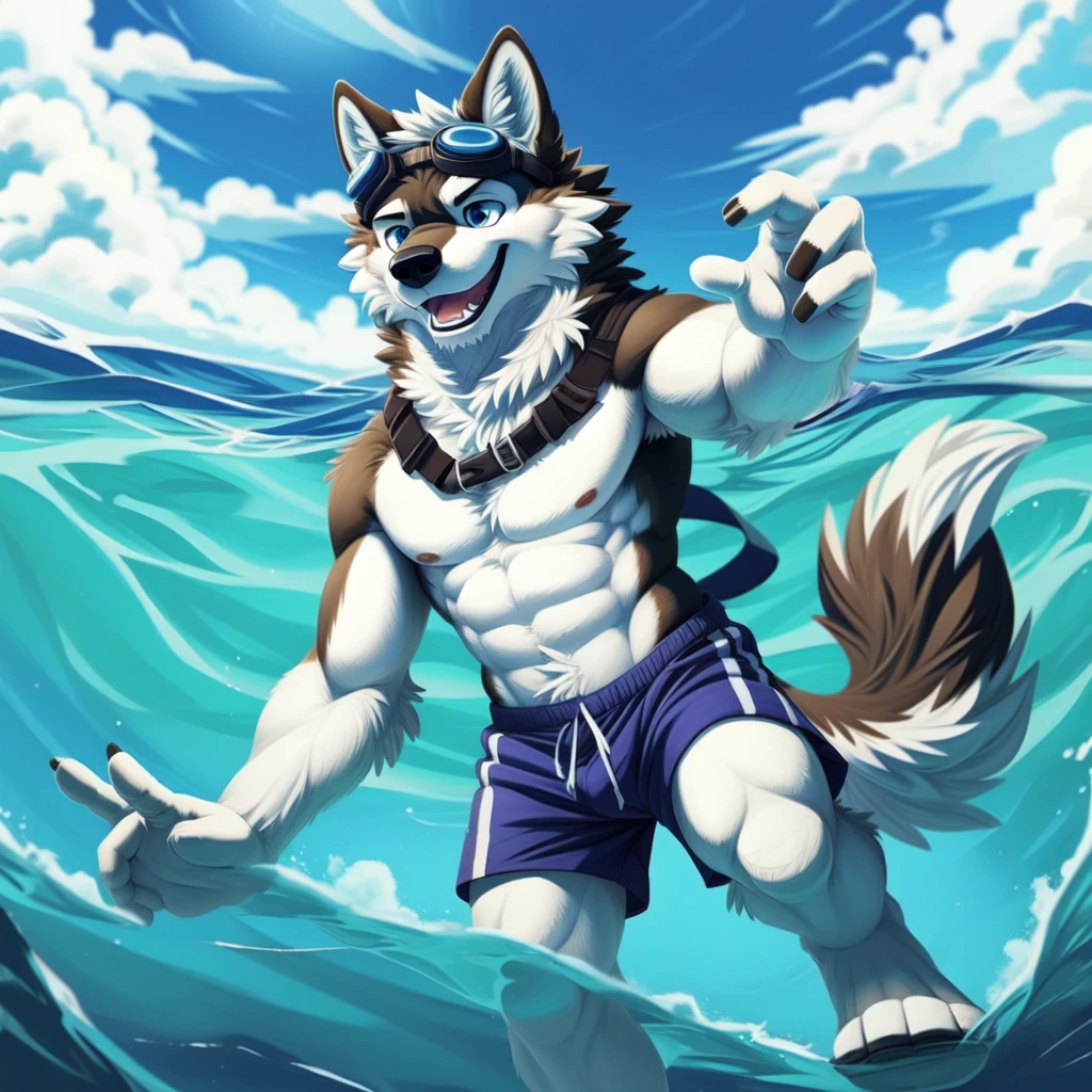 male, anthro, furry, wolf, white fur, goggles on head, swimming trunks, heart gesture, EasyMasterpiece