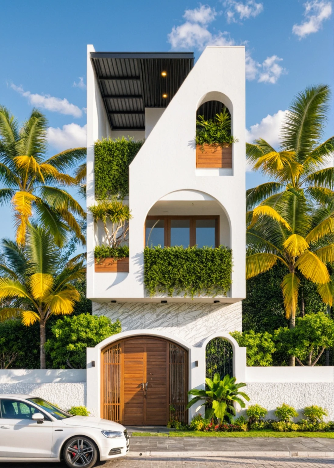 head of'artwork, high quality, best quality, Authentique, Great detail, En plein air, villa de plain-piedXL, groupe aiai, style de maison moderne dans la rue ,stairs, white wall ,road,pavement, grass, trees, sky, nuvens, (day light:1.1)