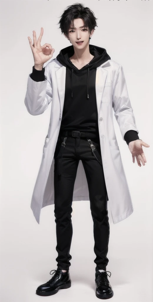 (OK Sign.:1.4),(photorealistic:1.2), (high detail face:1.3), (high detail hands:1.3), (anatomically correct hands:1.2), handsome young asian man, Japanese idol style, short clean-cut hair, ((center part)), (crisp white lab coat:1.3), ((black hoodie underneath:1.2)), (black pants:1.2), (black shoes:1.2), (enthusiastic expression:1.3), ((explain pose:1.4)), (both arms raised:1.3), (clenched fists:1.3), (energetic stance:1.2), plain white background, mid-shot portrait, full body view, high quality, detailed, 8K, (realistic skin texture:1.2), (sharp focus:1.1), (contrast between white coat and black clothing:1.2)