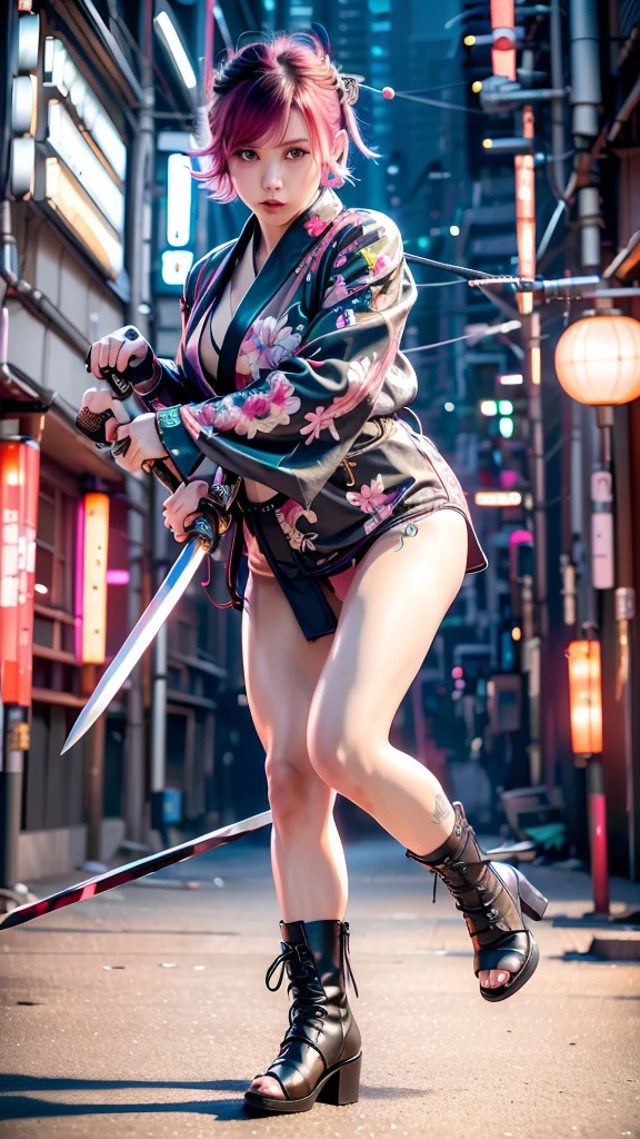 Beautiful Chinese woman, (), cute face, red lips, white moist skin, moles, (under-eye bags),
BREAK,
Feminine body with high athletic ability, Body of a female fitness model, Feminine body with hard tones, (Muscles: 1.2), (Beautiful belly button),
BREAK,
Fighter, Kung Fu fighter, Idol, (Yakuza), (Yakuza),
BREAK,
(Wearing a cute black kimono: 1.3), (Kimono with a lot of exposure), (Stiletto heels, black long boots 1.3), necklace, very large earrings, short length,
BREAK,
Short hair, (Short bob hair), (Bangs: 1.2), (Pink hair: 1.3), (Wavy hair),
BREAK,
(Very large Japanese sword: 1.4), (Holding the handle of a Japanese sword: 1.3), (Fighting: 1.2), (Getting into a fighting stance), (Beautiful blade of a Japanese sword: 1.2)
BREAK,
(Japanese tattoo: 1.4),
BREAK,
Masterpiece, Perfect lighting, Ultra high resolution, 8K, (Highly detailed: 1.4), (From the front), Looking at the camera, Melancholic expression,
BREAK,
(Tokyo city, lots of people in the background: 1.2), Shibuya city background in Tokyo, Japan, (Neon lights: 1.2)