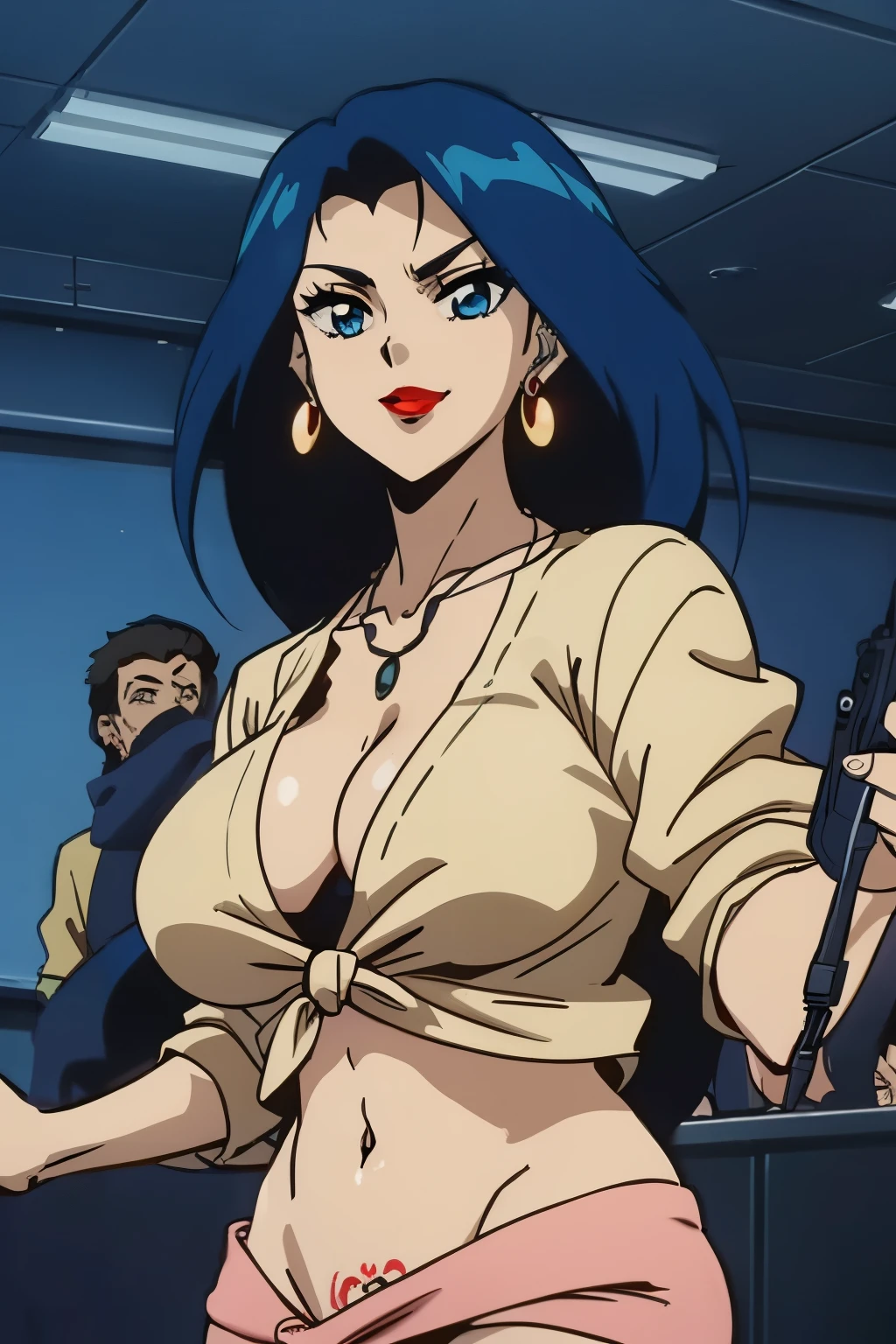 a woman with blue hair , Ai-Mitsu, anime art style, 
Sophine,1girl,black hair,longhair,blue eyes,red_lips_,
 blush, lipstick, jewelry, earrings, tattoo, Hot girl, baddie, mean girl,  sensual, attractive, masterpiece, best quality, ((unbuttoned , cleavage, necklace, earrings, sexy body,
breasts)) , micro skirt, smiling, navel , exposed belly, exposed navel,(nsfw) not safe for work,school,
classroom , hold a gun,knot, holding pistol