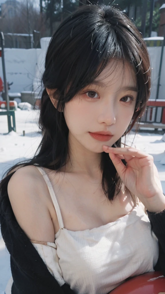 Portrait photography,1 girl,Snow Scene,Snowing background,Push-up non-slip tube top ,(whole body:1.4),Lipstick,(Big Breasts:1.4),Headband,serene,calm,(Realistic and detailed eyes,Natural skin texture,Realistic facial details),