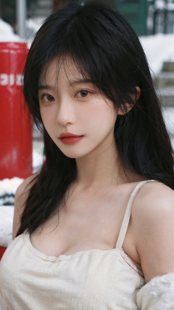 Portrait photography，1 girl，Snow Scene，Snowing background，Push-up non-slip tube top ，（whole body：1.4），Lipstick，(Big Breasts:1.4)，Headband，serene，calm，(Realistic and detailed eyes，Natural skin texture，Realistic facial details)，