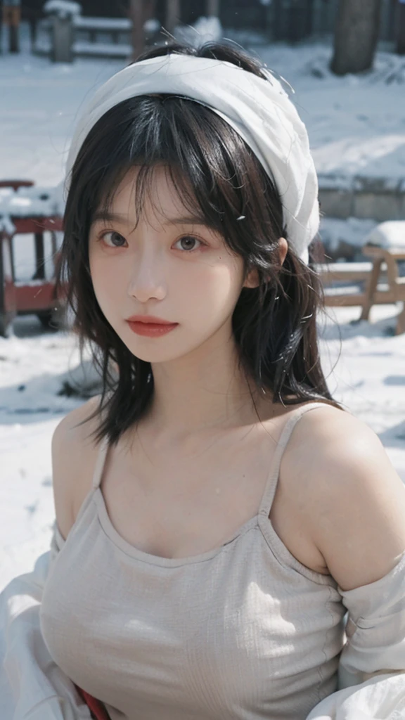 Portrait photography,1 girl,Snow Scene,Snowing background,Push-up non-slip tube top ,(whole body:1.4),Lipstick,(Big Breasts:1.4),Headband,serene,calm,(Realistic and detailed eyes,Natural skin texture,Realistic facial details),