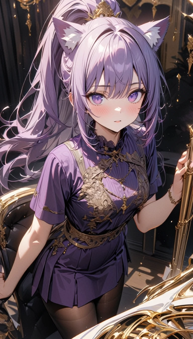 Young girl, long purple hair, cat ears, high ponytail, purple eyes, purple Chinese shirt, short sleeves, purple skirt, nylon tights, white elements, golden elements, Masterpiece, best quality, Full HD, 8k, ultra details, great graphic