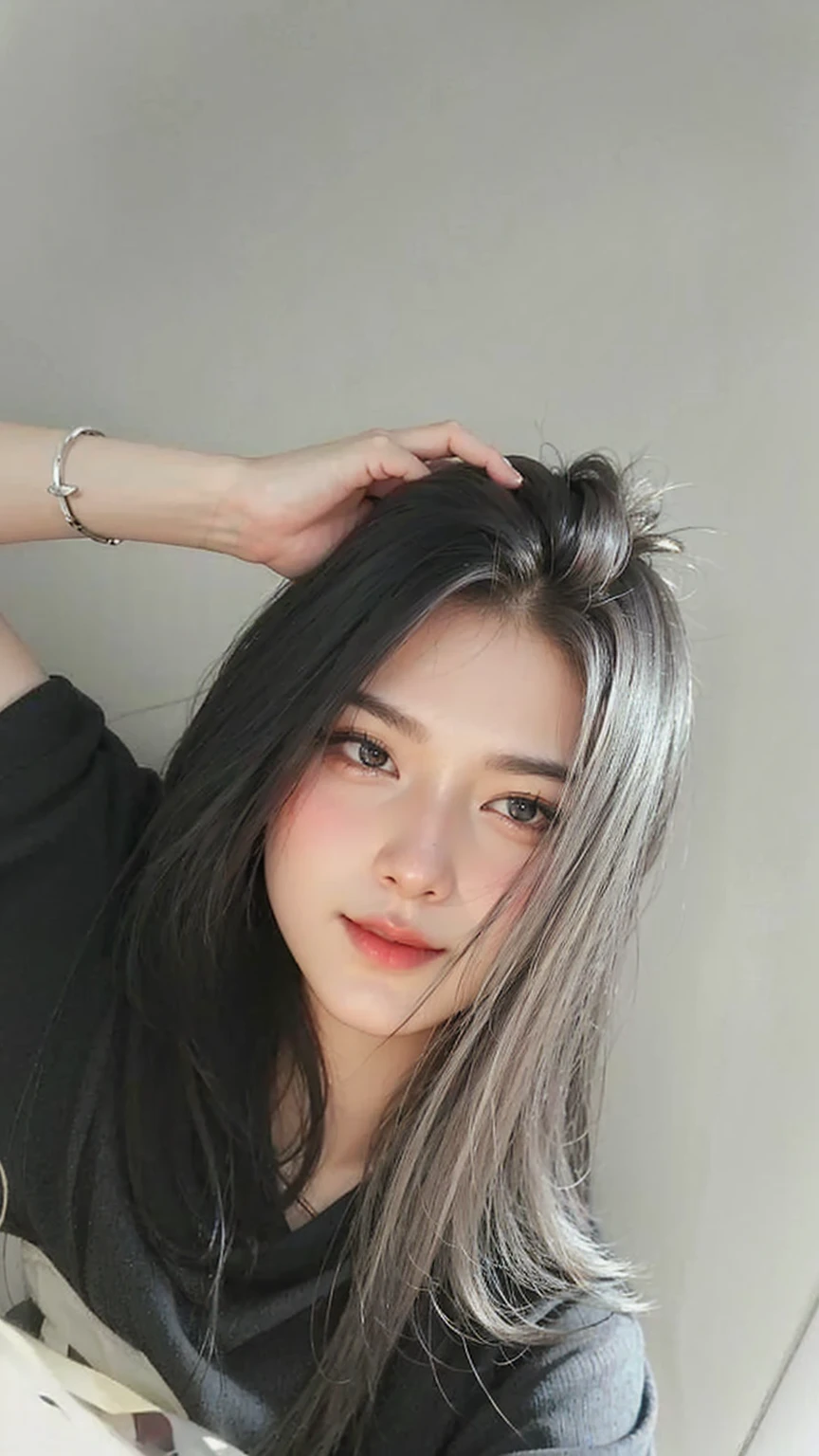 there is a woman with long hair posing for a picture, korean girl, korean woman, beautiful south korean woman, girl silver hair, gorgeous young korean woman, asian girl with long hair, an asian woman, straight grey hair, dark gray hair, sakimichan, with dark grey hair, silver long hair, with long hair, beautiful young korean woman, masterpiece, 8k, cleavage, big , bust detail, hair detail, eye detail