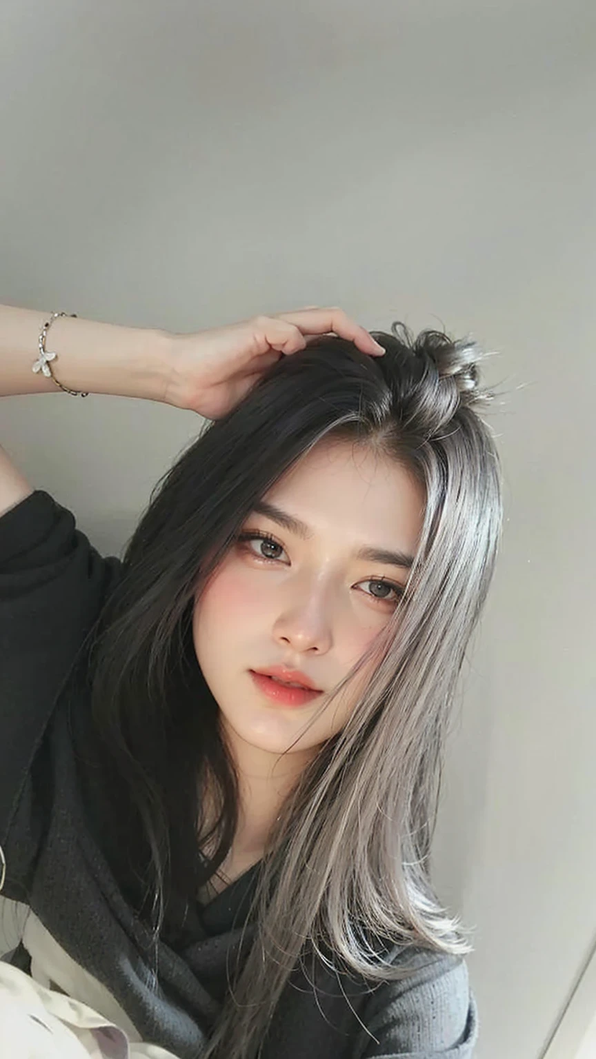 there is a woman with long hair posing for a picture, korean girl, korean woman, beautiful south korean woman, girl silver hair, gorgeous young korean woman, asian girl with long hair, an asian woman, straight grey hair, dark gray hair, sakimichan, with dark grey hair, silver long hair, with long hair, beautiful young korean woman, masterpiece, 8k, cleavage, big , bust detail, hair detail, eye detail