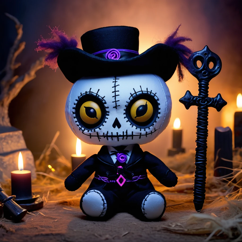 (knitted toy voodoo doll:1.8), (Voodoo Lemur Undertaker:1.3), (Clothing: tattered undertaker's outfit with dark patterns:1.0), (Accessories: enchanted shovel, glowing sinister coffin:1.2), (background: eerie graveyard with floating, glowing spectral tombstones and creepy shadows:1.2), best quality, masterpiece, detailed soft oil painting, detailed background, dramatic cinematic lighting, soft edge lighting, professional, dramatic lighting, hard edge lighting, ultra quality, 4k, masterpiece, best quality, 8k, ultra high definition, high resolution, extremely detailed