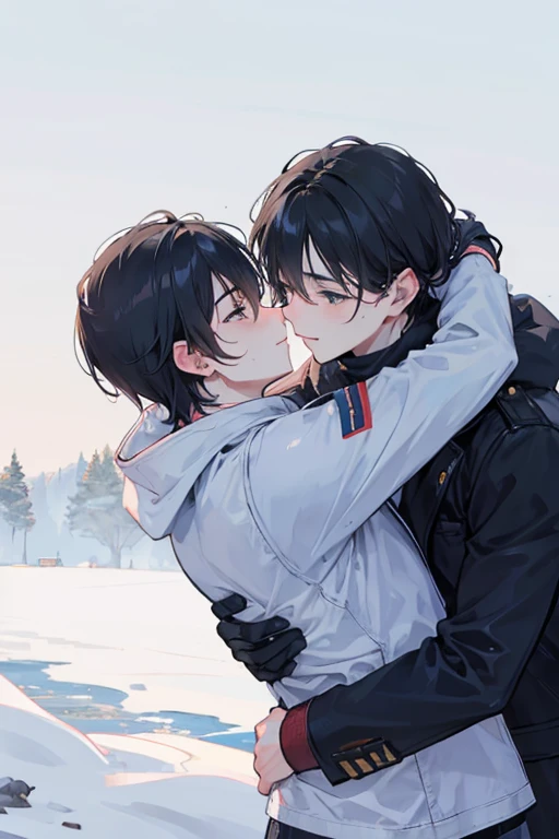 Men hugging each other in the snow