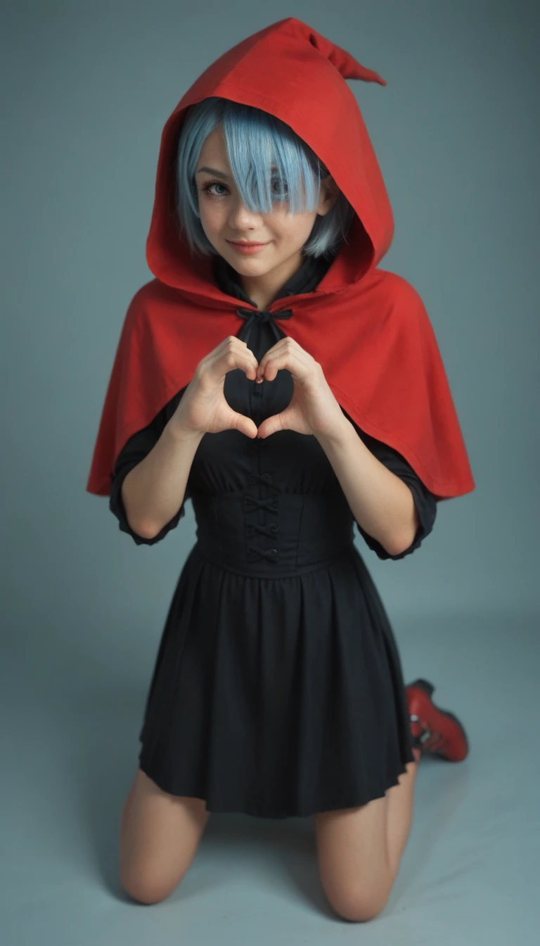 (zPDXL2), score_9, score_8_up, score_7_up, source_anime, 2d,
(1girl), ((rem_re_zero, (light blue hair), (hair tie)), (short hair:1.3), (hair over one eye:1.2)), (wearing Halloween ((Little Red Riding Hood) cosplay costume):1.3), (smiling), (sensual facial expression:1.3), (heart hands pose:1.5), (detailed body, detailed hands, detailed face:1.3), full body
AissistXLv2, unaestheticXL_bp5, SimplePositiveXLv2, zPDXL2 PonyXLV6_Scores