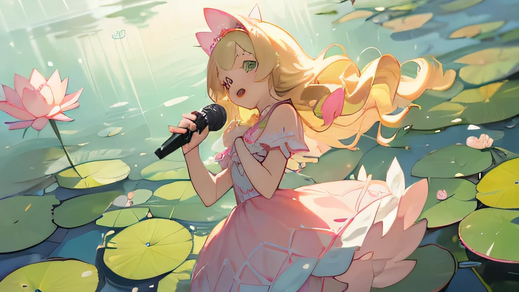 A cute anime idol girl, medium-length blonde hair, wavy hair, side bangs, light green eyes, holding a microphone, singing, happy, pastel waterlily-inspired dress, coquette, lily pads, pink waterlilies, detailed outfit, girly dress, bows, coquette, pink and white dress, waterlily hair accessories, white background, front view