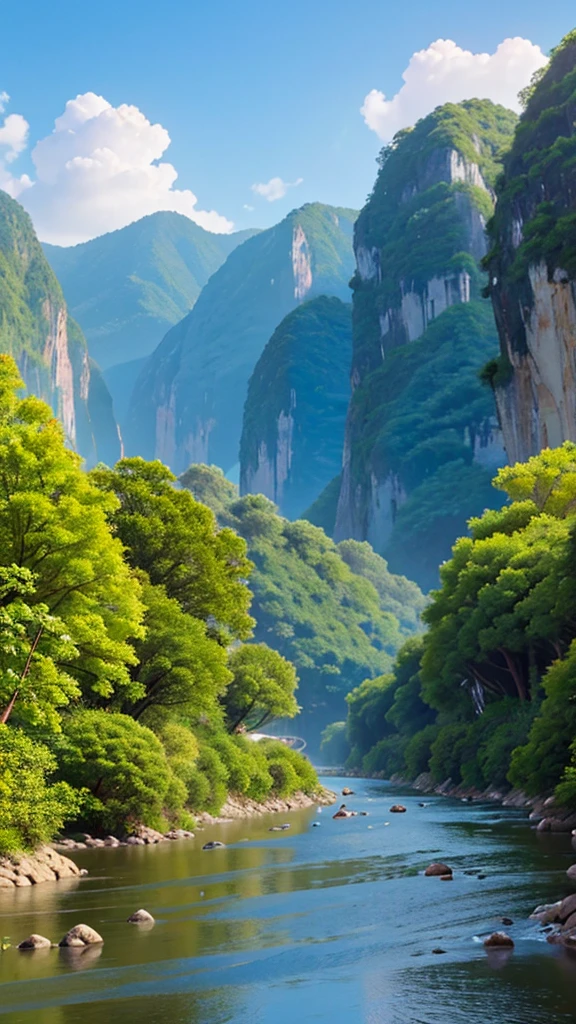 vẽ ảnh đức phật ngồi thiền, close, Surrounded by mountains and rivers, Behind there is a temple, There are small flowers in the river. hình ảnh chân thực, 8k, High definition. full light, cloudy skies