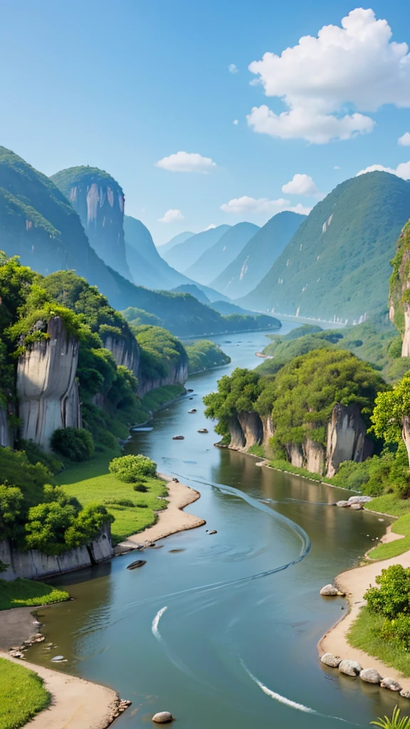vẽ ảnh đức phật ngồi thiền, close, Surrounded by mountains and rivers, Behind there is a temple, There are small flowers in the river. hình ảnh chân thực, 8k, High definition. full light, cloudy skies
