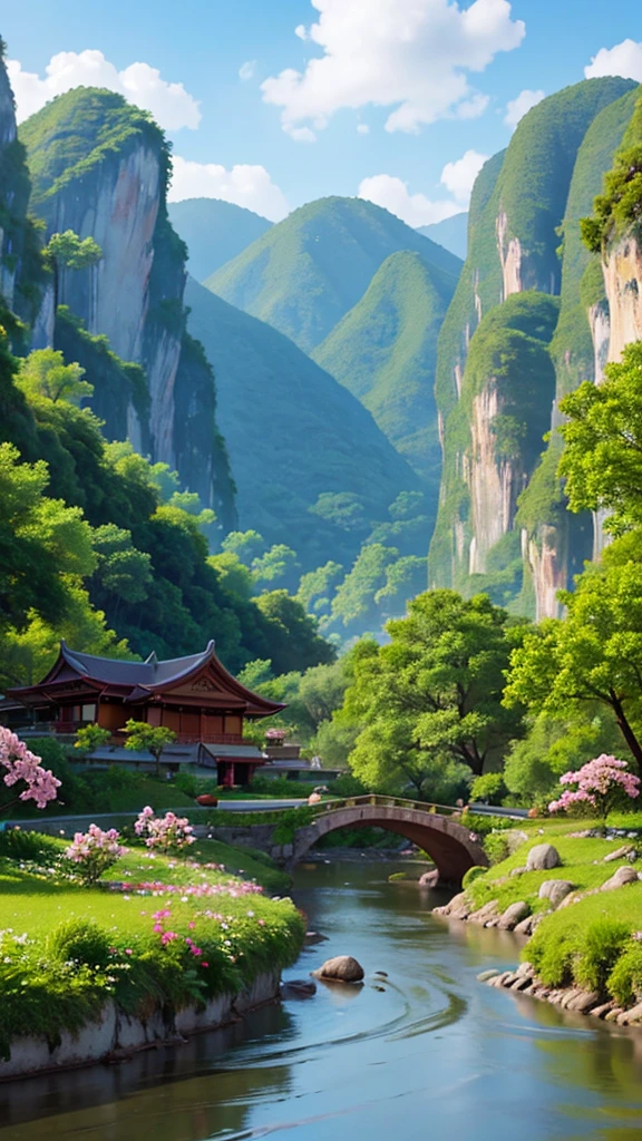 vẽ ảnh đức phật ngồi thiền, close, Surrounded by mountains and rivers, Behind there is a temple, There are small flowers in the river. hình ảnh chân thực, 8k, High definition. full light, cloudy skies