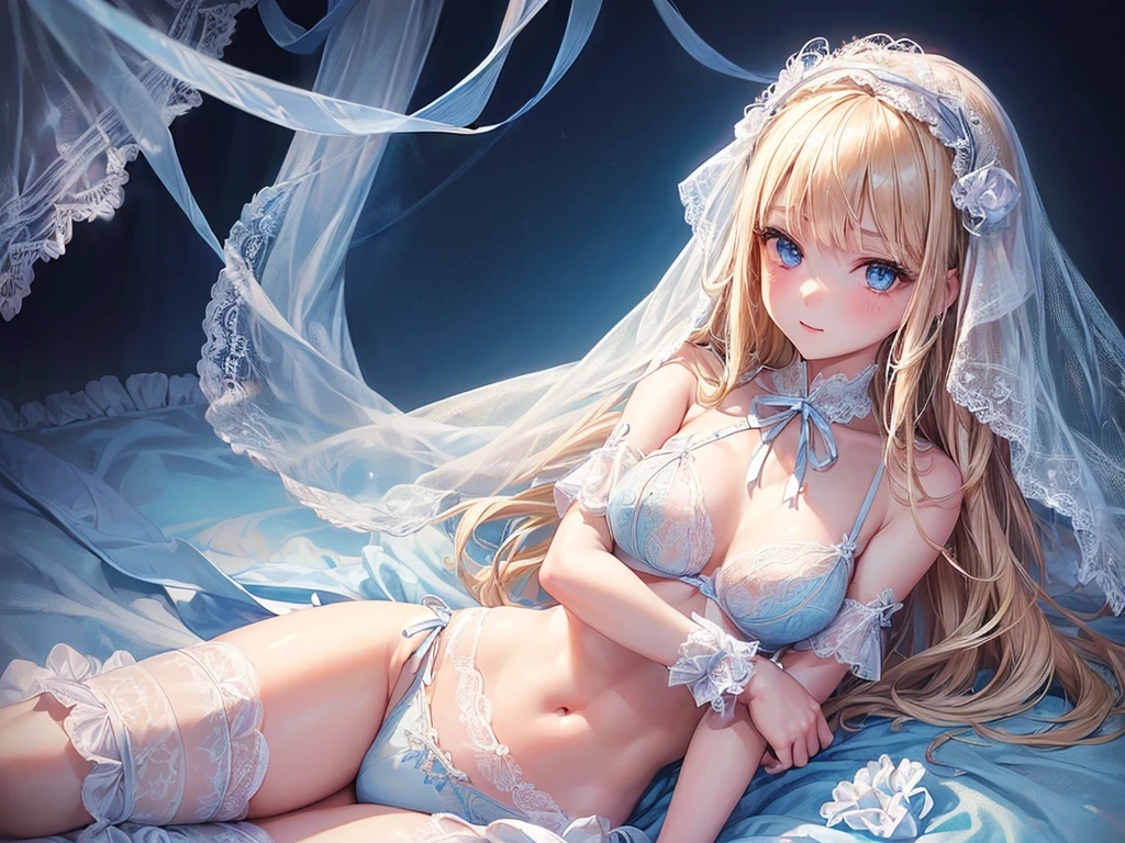 (((depict young pure girll))), (((top-quality, masterpiece))), ((lace lingerie)), ((swirling veil)) ((cute white lingerie with lot of details)), (((light blue ribbons on lingerie))), straight blond hair, deep blue eyes, (small breasts), nice hips, open shoulder, (Masterpiece, Excellent, complex details), delicate girl, delicate face, pure, light, happy smille