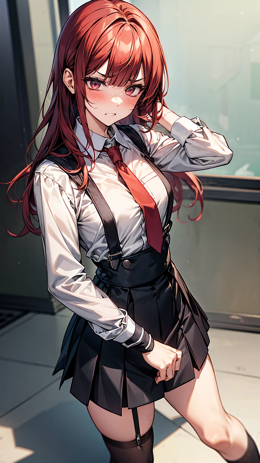 {{masterpiece}}, {{{best quality}}},{{ultra-detailed}}, {{illustration}},{{tall stature}},{{adult women}},{{Fighting stance}},,,{{blushing with anger}},,{{Long sleeve mini skirt uniform}},,,{{blushing with anger}},}{}},{fighting stance}},{},{}, ,{{}},{{Eyelet foot}},,{{From Below }},{{}},,{{}},{{}},,Slender body}}{{Avoidance}}{{Female police officer}},,,,suspenders ,Long sleeve mini skirt uniform, White High Socks,Black fingerless gloves, Long Red Hair, Red tie,Straight hair ,Blunt bangs,Thigh holster,.amountn loafer,,blush,Wrinkles ,amount,Grit your teeth,suffering,v-shaped eyebrows.,Sweat dripping,Medium chest ,get annoyed,,Slums,,Twisting,