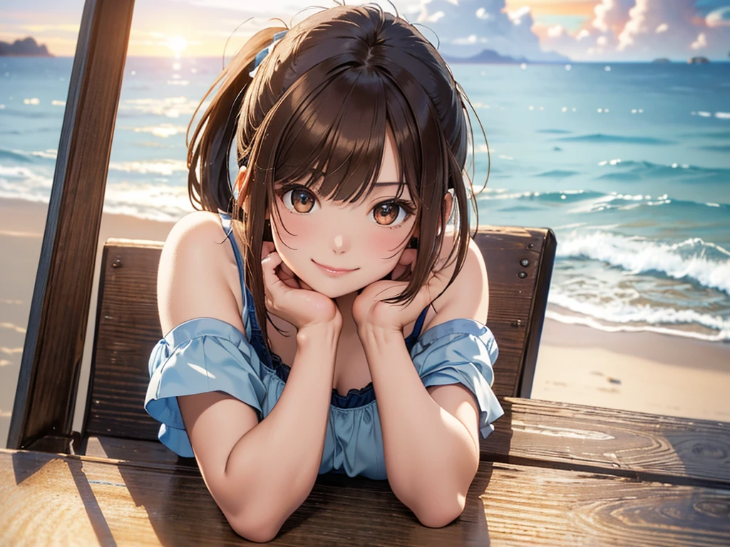 (masterpiece、Highest quality:1.2),Frame In、 Cowboy Shot, solo, One Girl, Seeing the viewer, (Highest quality, 8k, oil, Tabletop:1.2), Very detailed, (Realistic, Realistic:1.37), Vibrant colors, (((Seaside)))、White camisole、Blue ide Ponytail、Brown Hair、smile、evening、horizontal line、Dusk、