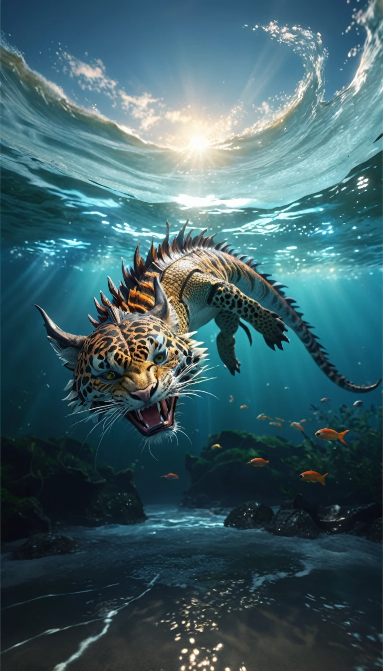 水中有一种Fantasy Creatures(best quality,4K,8k,High level,masterpiece:1.2),Ultra Detailed,(lifelike,Photo real,Photo real:1.37),Highly detailed animals,Complex patterns,Realistic lighting,Fantasy Creatures