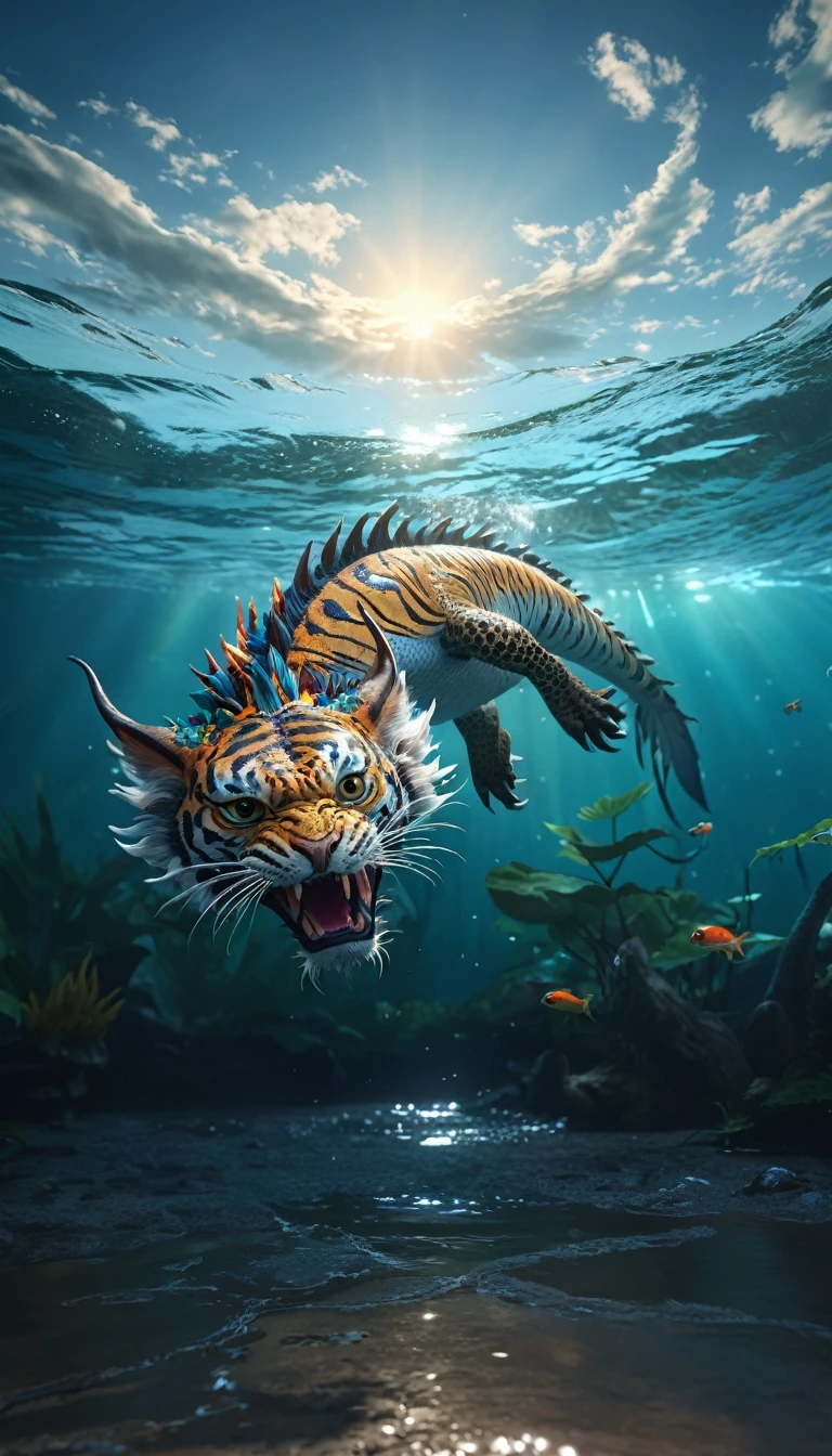 水中有一种Fantasy Creatures(best quality，4K，8k，High level，masterpiece：1.2），Ultra Detailed，（lifelike，Photo real，Photo real：1.37），Highly detailed animals，Complex patterns，Realistic lighting，Fantasy Creatures