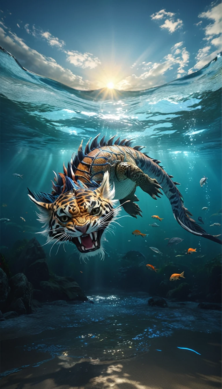 水中有一种Fantasy Creatures(best quality,4K,8k,High level,masterpiece:1.2),Ultra Detailed,(lifelike,Photo real,Photo real:1.37),Highly detailed animals,Complex patterns,Realistic lighting,Fantasy Creatures