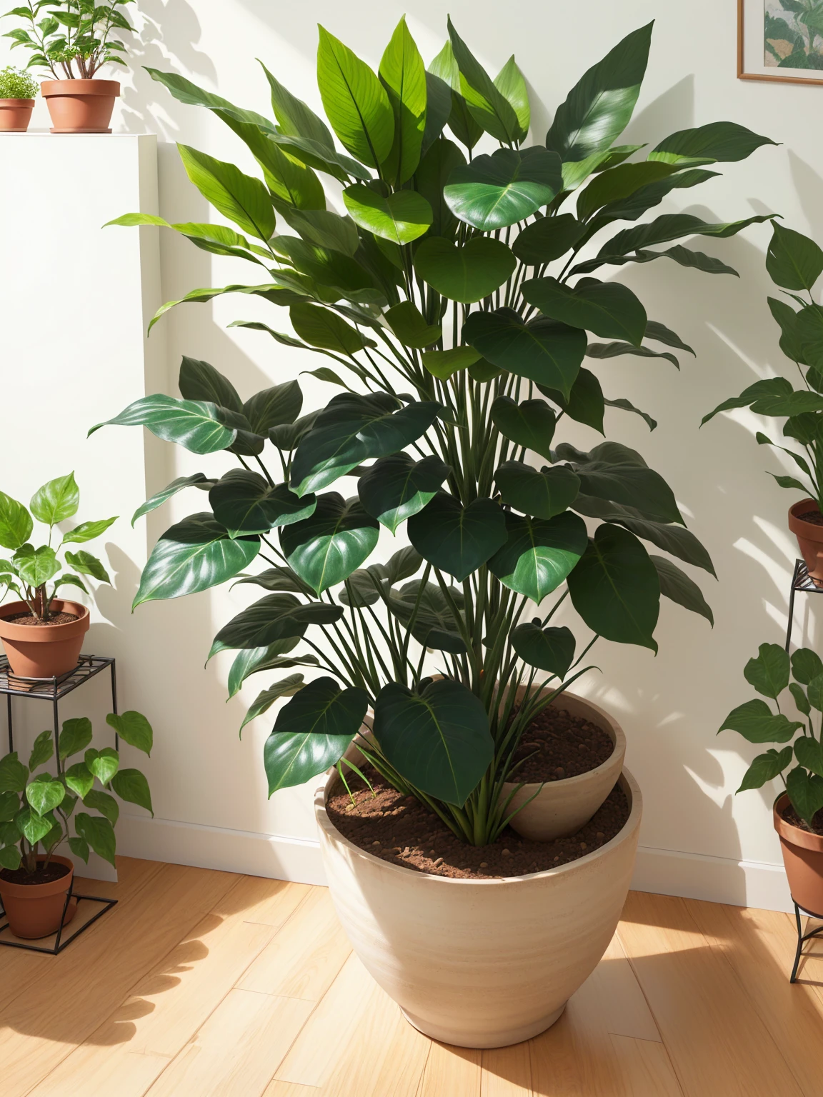 a close up of a plant in the pot in a living room, Large indoor plants, large plant in the pot, home plant, unique pot made for home plants, plant in the pot, huge ficus macrophylla, houseplants, home plants, large leaves, large plants in the background, lush plant growth, large leaves, foliage and stems, potted plants, green plant, Lush plants