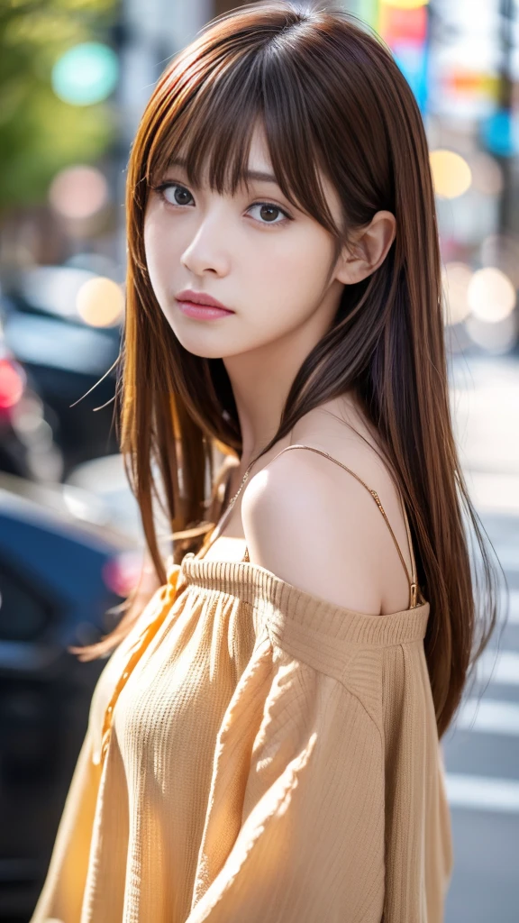 Ultra High Definition, Superior Quality, Premier Quality, ultra detailed, Photorealistic, 8k, RAW Photos, highest quality, masterpiece, Attractive girl, Stunning girl, Brown Hair, Shoulder Length Layered, asymmetrical bangs, Japanese Idol, Sophisticated, Stylish, embarrassed, blouse, Shibuya,