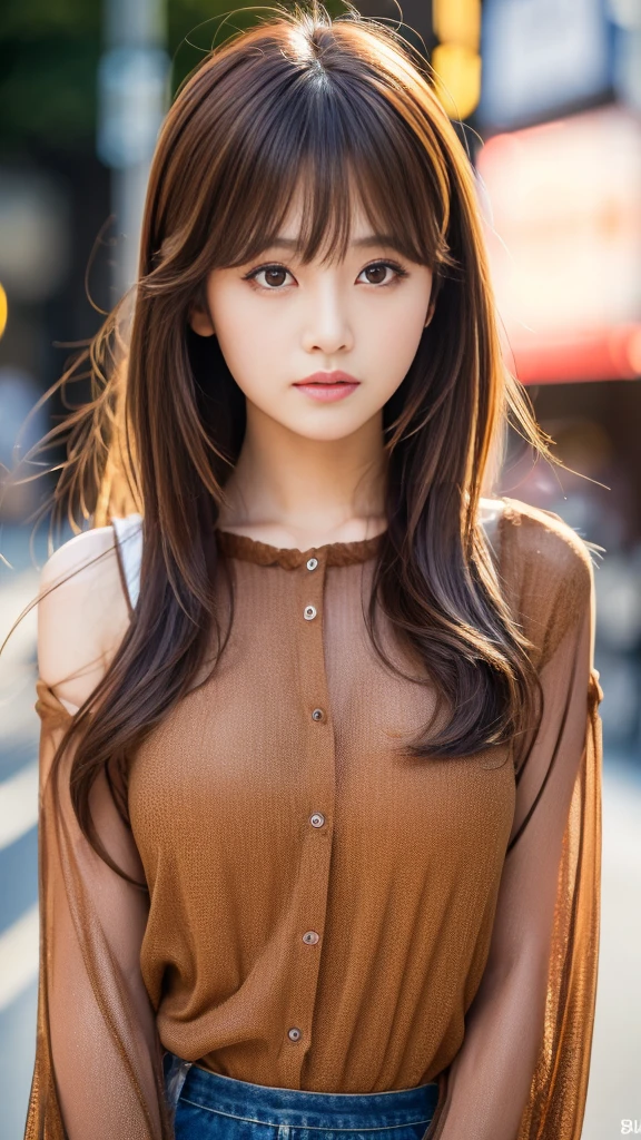 Ultra High Definition, Superior Quality, Premier Quality, ultra detailed, Photorealistic, 8k, RAW Photos, highest quality, masterpiece, Attractive girl, Stunning girl, Brown Hair, Shoulder Length Layered, asymmetrical bangs, Japanese Idol, Sophisticated, Stylish, embarrassed, blouse, Shibuya, 