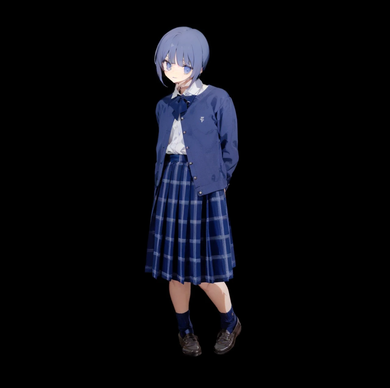 He is tall, slim, has black hair and is wearing a uniform.