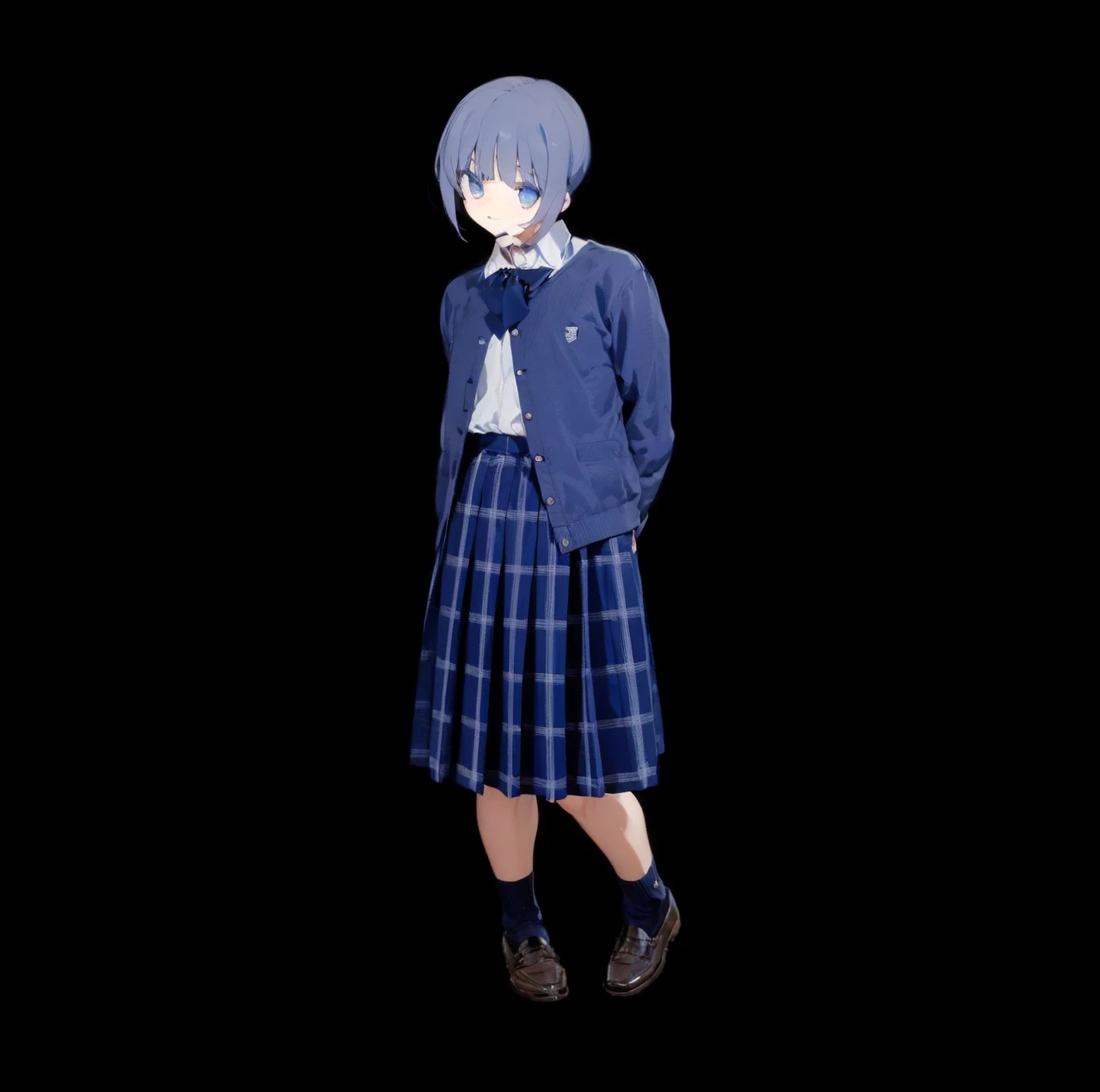 He is tall, slim, has black hair and is wearing a uniform.