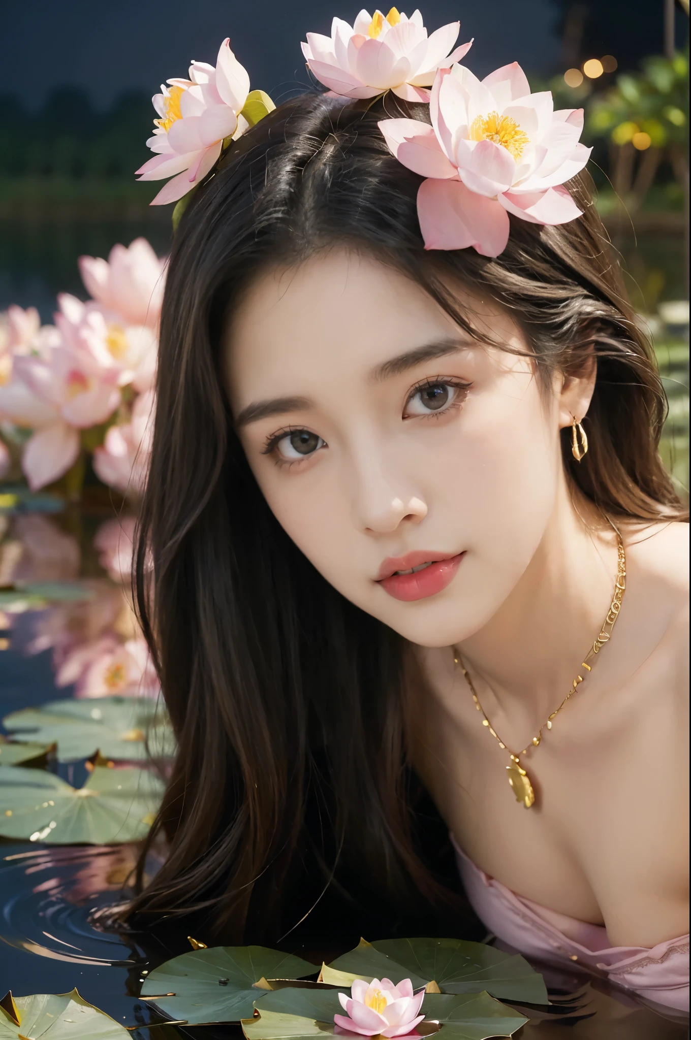 (((best quality))),(((ultra detailed))),(((masterpiece))),illustration,((1 beautiful young  girl,solo)),((slim,thin)),(shoulder length straight hair:1.2),((earrings,necklace)),((small breasts,flat chest)),(strapless see through pink sheer bra:1.3),(beside the lotus pond full of lotus flowers:1.3), serene moonlight, ethereal,floral pattern, water movement, billowing fabric, tranquil, moon reflection, petals, fireflies, magical, light,warm light, dreams, invitation, standing, gazing, reflection, inner thoughts, emotional, sweet scent, natural beauty, solitude, hypnotic lull, eternal summer,(night scene:1.3), natural world, human spirit, celebration, backdrop, water, glow,((from front,close-up of face))