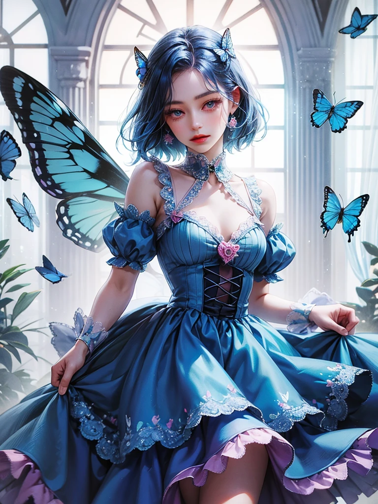 cute , blue butterfly, blue hair, pink eyes, blue dress