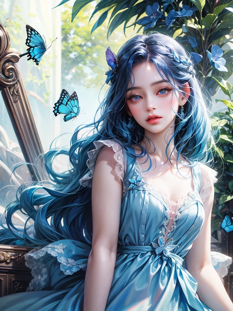 cute , blue butterfly, blue hair, pink eyes, blue dress