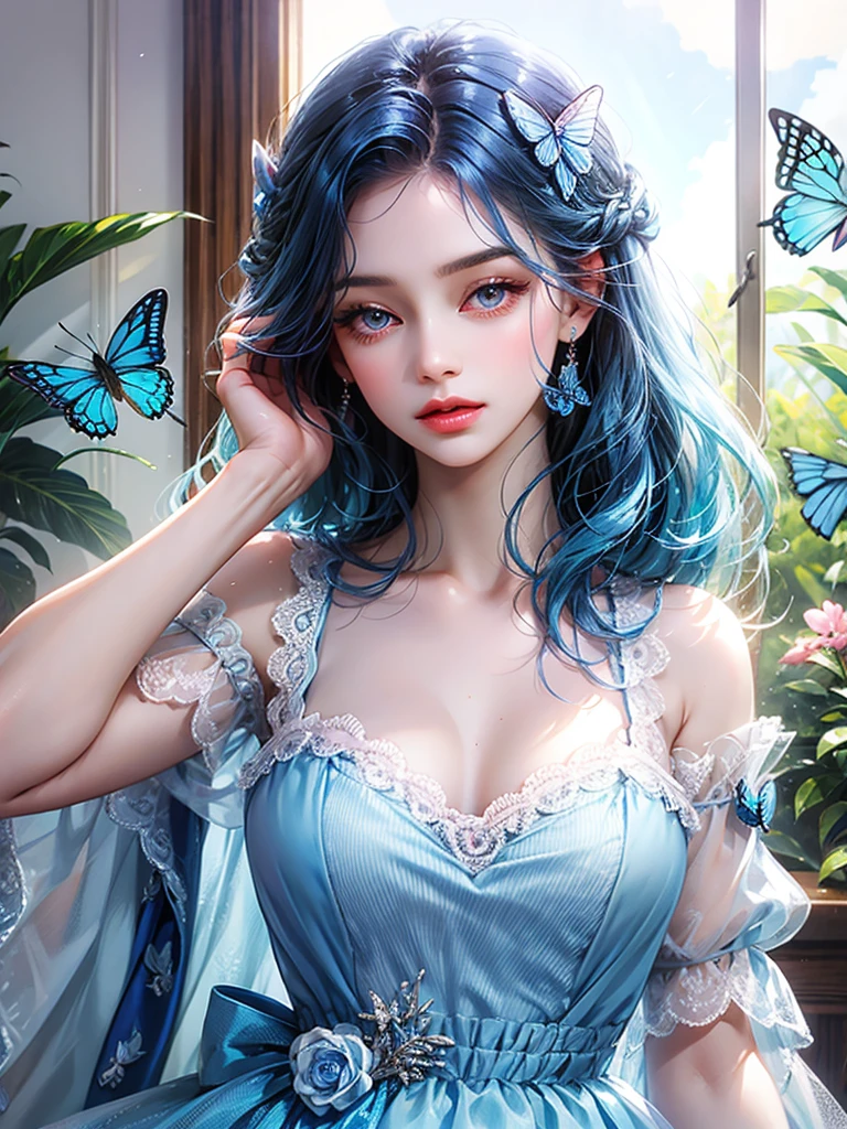 cute , blue butterfly, blue hair, pink eyes, blue dress