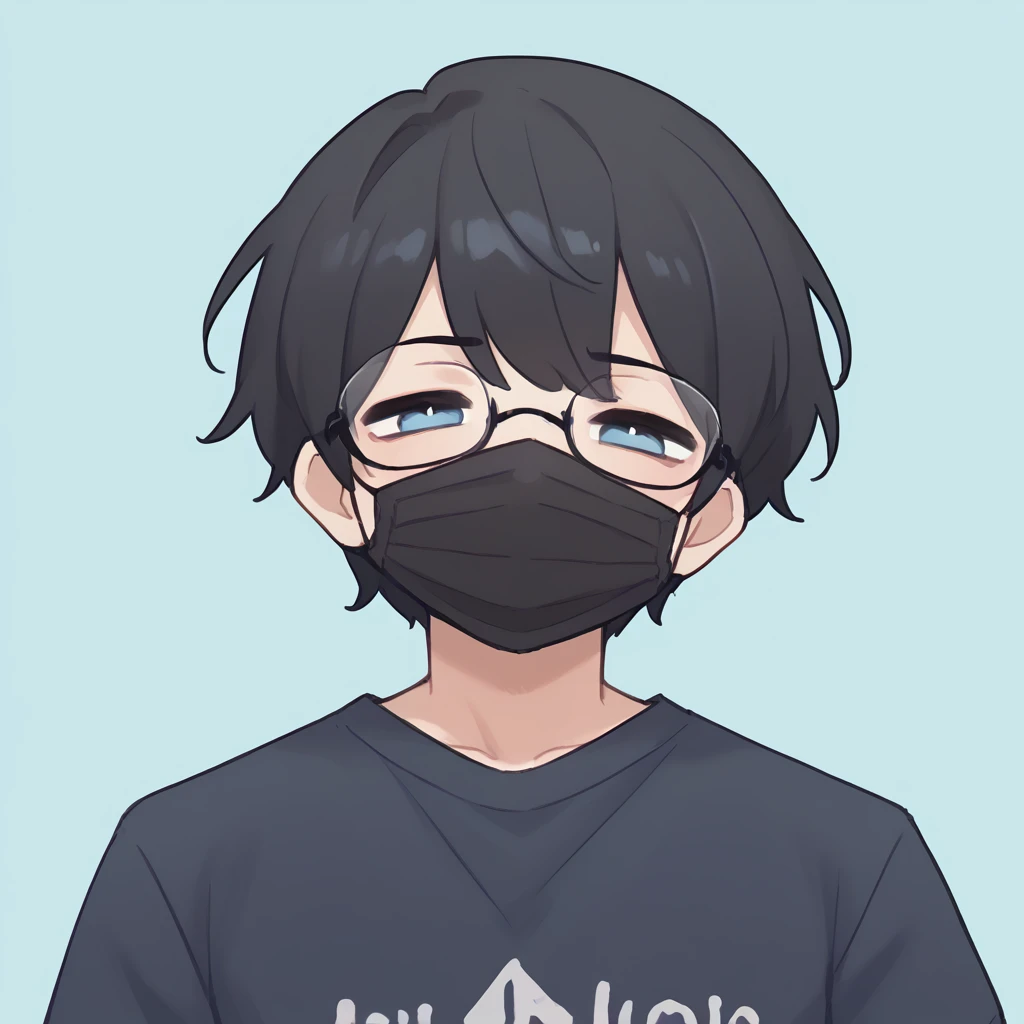 One boy,High resolution, masterpiece, Black Hair, blue eyes, Plain black shirt、Shortcuts, Glasses、smug face, Blue background、Mask