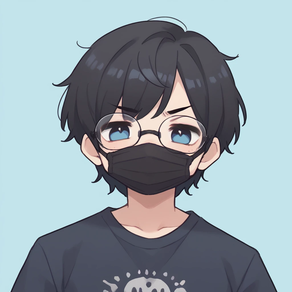 One boy,High resolution, masterpiece, Black Hair, blue eyes, Plain black shirt、Shortcuts, Glasses、smug face, Blue background、Mask