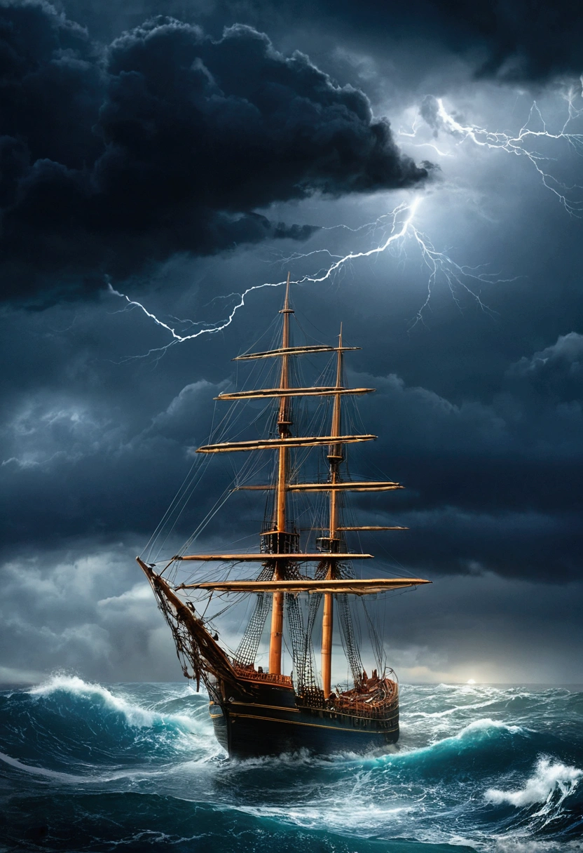 Romanticism, perspective, UHD, masterpiece, best quality,It's a vast ocean，(((dark stormy clouds)))，There is a storm going on here，((Rain cats and dogs))，The monstrous waves rose one after the other，From time to time, a bolt of lightning strikes between heaven and earth，In this unforgiving sea，(((There is a stubborn sailing ship)))，The Great Waves will swallow it up at any moment，But it is undaunted，Still driving in the storm，Sunlight shines through the clouds and shoots several beams，It seems to hint at the arrival of a miracle 