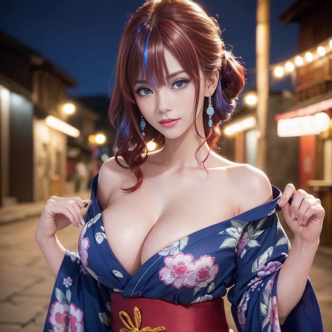 (((highest quality)), (super detailed), 1 girl, (iridescent hair, colorful hair, red hair: 1.2), 17 years old, (sexy yukata: 1.2), outdoor, bangs, smile, sky blue eyes, perfect hands, perfect hands, hand details, corrected fingers. Earrings, Night Store + Background, looking_at_viewer, Top Quality, Rich Detail, Perfect Image Quality, big breasts, slender body, Cowboy Shot, (masterpiece), masterpiece, super detail, high details, highres, 16k