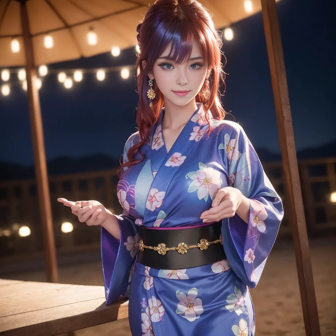 (((highest quality)), (super detailed), 1 girl, (iridescent hair, colorful hair, red hair: 1.2), 17 years old, (sexy yukata: 1.2), outdoor, bangs, smile, sky blue eyes, perfect hands, perfect hands, hand details, corrected fingers. Earrings, Night Store + Background, looking_at_viewer, Top Quality, Rich Detail, Perfect Image Quality, big breasts, slender body, Cowboy Shot, (masterpiece), masterpiece, super detail, high details, highres, 16k