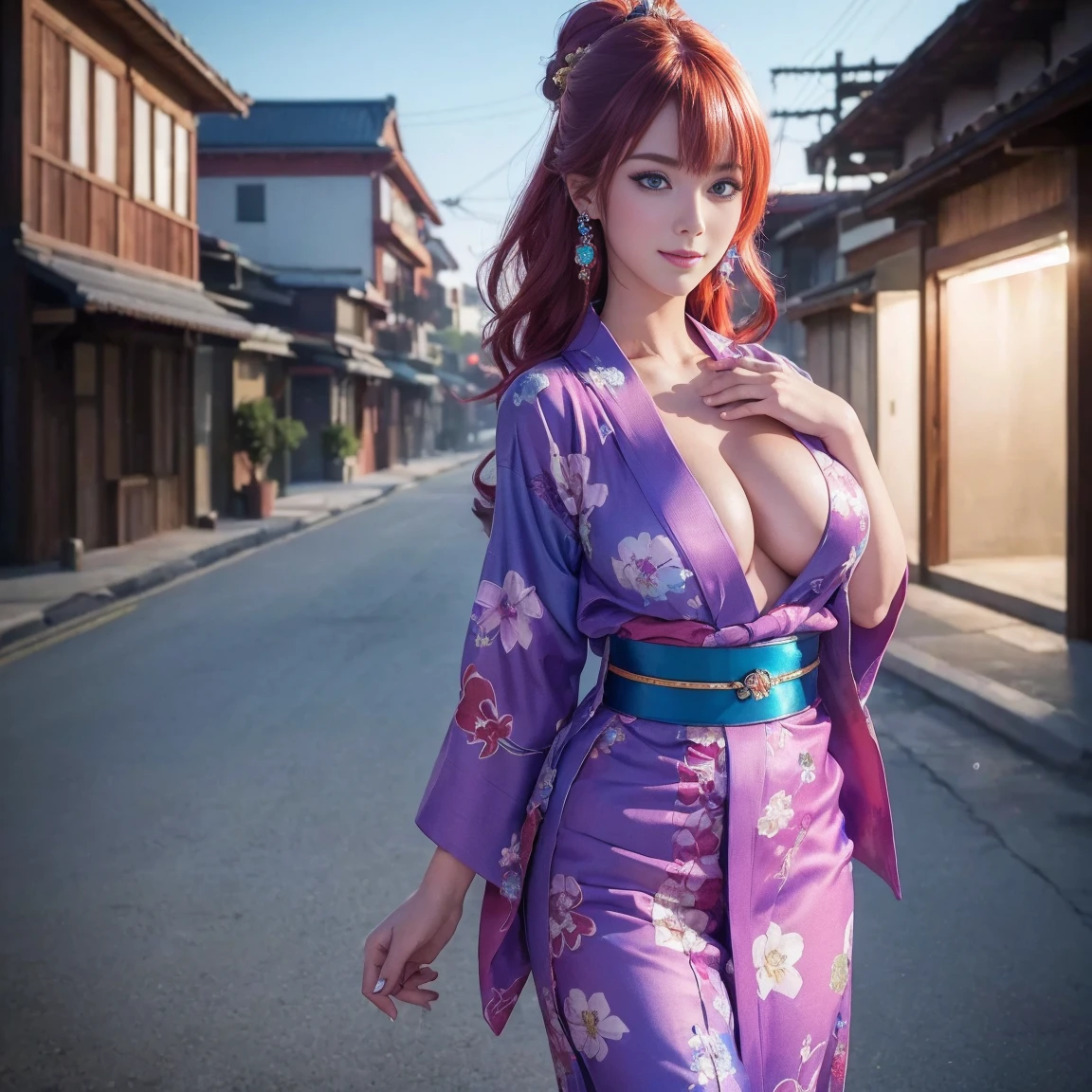 (((highest quality)), (super detailed), 1 girl, (iridescent hair, colorful hair, red hair: 1.2), 17 years old, (sexy yukata: 1.2), outdoor, bangs, smile, sky blue eyes, perfect hands, perfect hands, hand details, corrected fingers. Earrings, Night Store + Background, looking_at_viewer, Top Quality, Rich Detail, Perfect Image Quality, big breasts, slender body, Cowboy Shot, (masterpiece), masterpiece, super detail, high details, highres, 16k