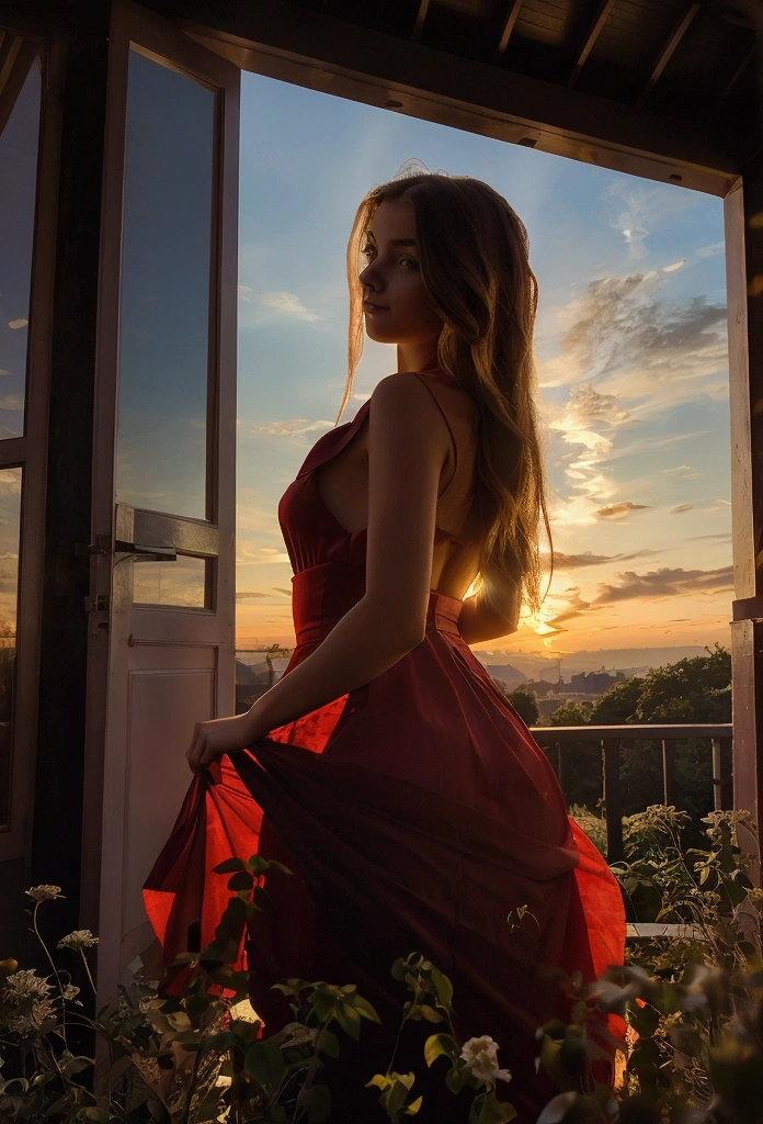 backshot of a woman in red elegant cathedral flowy dress, watching a vibrant golden sunset outdoors