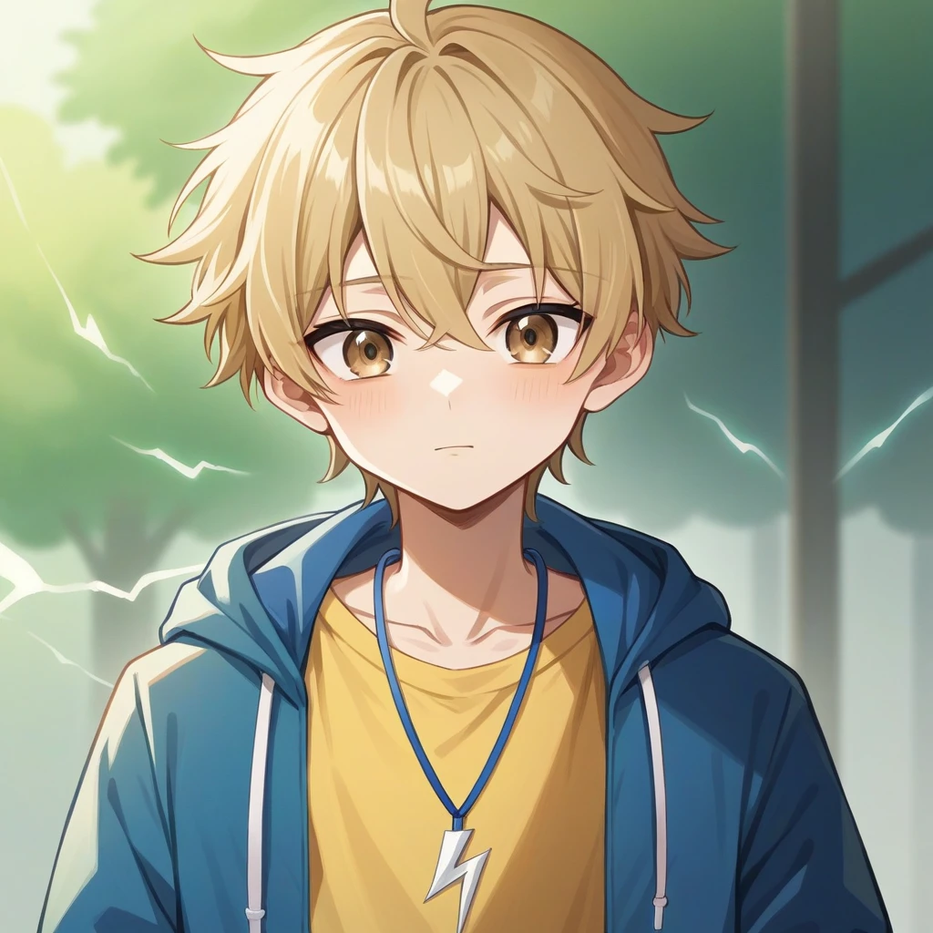 Best Quality 4K Artwork, 1 Garoto Anime Boys Love, femboy, Gay, Straight Blonde Hair Falling Down to the Chin with a Parting on the Forehead, Electric Blue Locks, Light brown eyes, round portruding chin, yellow sweatshirt, blue details, fluffly, Lightning Necklace, (Young and Beautiful Appearance) cuteness, mellow, Grinning, (Miyano Appearance), (Single Male) (standing alone) (two color hair), Beautiful Attractive, Cute, gostoso. (Walk in the Park background) Andando standing alone, glad.