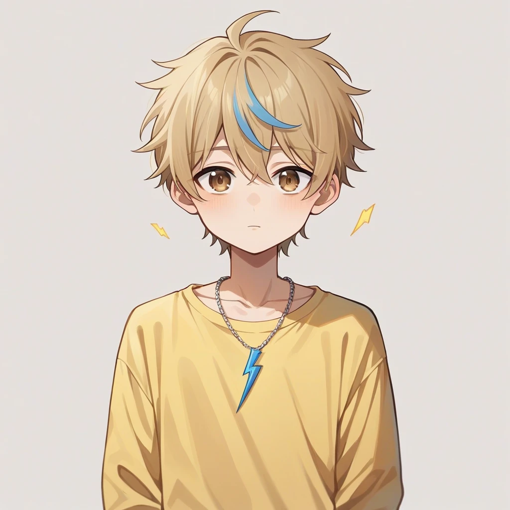 Best Quality 4K Artwork, 1 Garoto Anime Boys Love, femboy, Gay, Straight Blonde Hair Falling Down to the Chin with a Parting on the Forehead, Electric Blue Locks, Light brown eyes, round portruding chin, yellow sweatshirt, blue details, fluffly, Lightning Necklace, (Young and Beautiful Appearance) cuteness, mellow, Grinning, (Miyano Appearance), (Single Male) (standing alone) (two color hair), Beautiful Attractive, Cute, gostoso. (Walk in the Park background) Andando standing alone, glad.