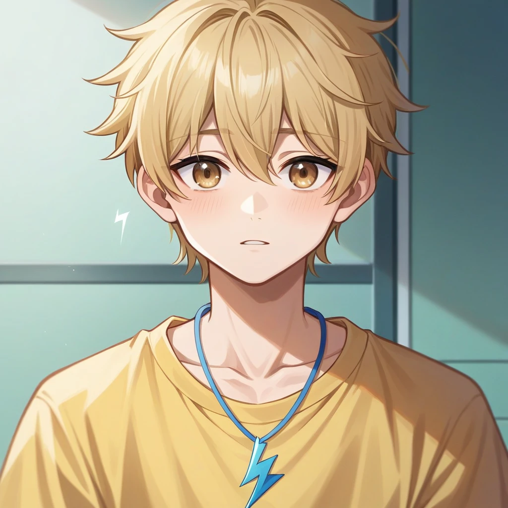 Best Quality 4K Artwork, 1 Garoto Anime Boys Love, femboy, Gay, Straight Blonde Hair Falling Down to the Chin with a Parting on the Forehead, Electric Blue Locks, Light brown eyes, round portruding chin, yellow sweatshirt, blue details, fluffly, Lightning Necklace, (Young and Beautiful Appearance) cuteness, mellow, Grinning, (Miyano Appearance), (Single Male) (standing alone) (two color hair), Beautiful Attractive, Cute, gostoso. (Walk in the Park background) Andando standing alone, glad.