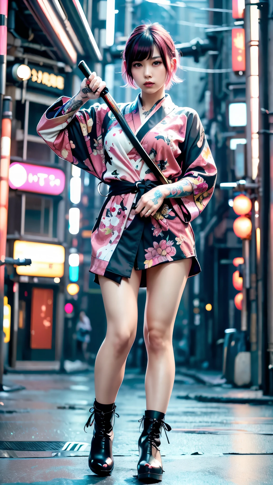 Japanese cyberpunk high fashion of Oiran kimono cool girl, kimono punk, cyberpunk, pink and blue neon color, full body standing, (Dynamic light and shadow, High resolution, Sharp focus, Depth of written boundary), against bright pink background, nsfw