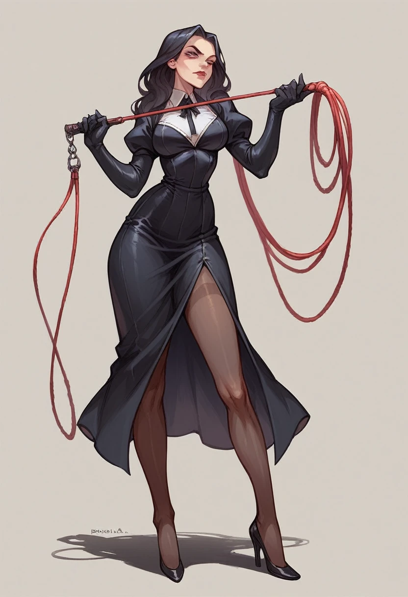Morticia addams with long gloves and pantyhose with high heels and long dress with whipping handjob dominatrix 