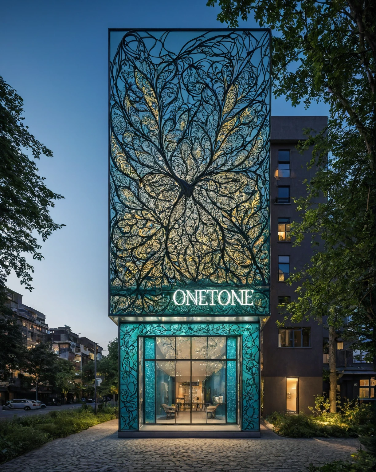 Raw photo, Masterpiece, high quality, best quality, realistic, super detailed, exterior, outdoor, ONEONE storefront stands out with dynamism, A beautiful building in the shape of a butterfly with Intricate wing-like structures are illuminated. The symmetrical design is decorated with patterns, creating an elegant aesthetic inspired by nature. The central glass structure glows warmly, contrasting with the twilight sky. Unique architecture stands out in a modern urban environment, seamlessly blending art and nature, green trees, blue sky, (daylight:1.1), ((actual photo)),