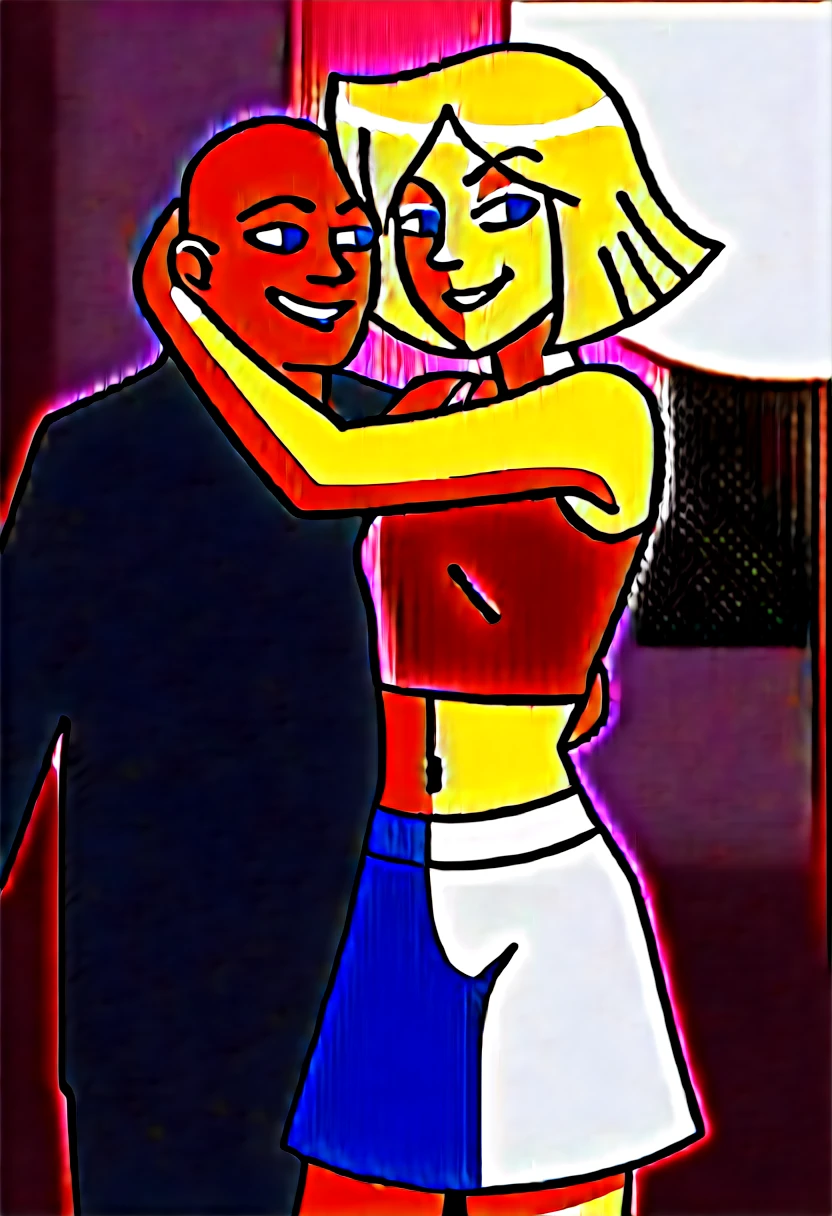 Clover, totally spies, blonde hair, medium hair, blue eyes, skinny, white skirt, pink tank-top midriff, classroom, half-closed eyes, smile, fat man in brown suit, reach around handjob, foreskin, bald, femdom